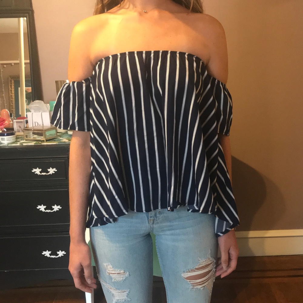Off the Shoulder Navy and White Blouse size S